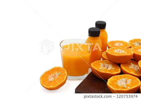Glass of orange juice and fresh fruits on wooden isolated on white background with copy space 120733974