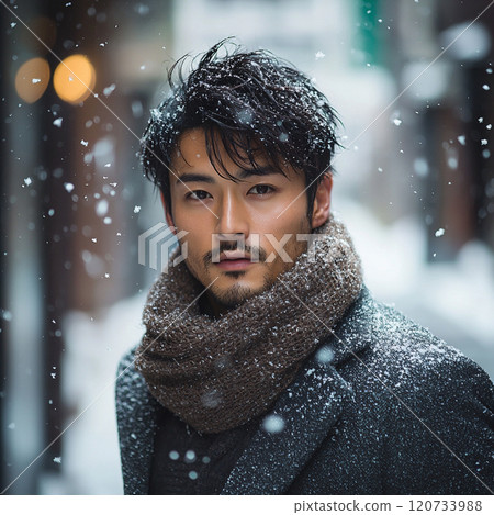 Snowy landscape and stylish man portrait 120733988