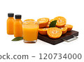 Group of fresh and juicy orange fruits , bottle and glass of orange juice on white background 120734000