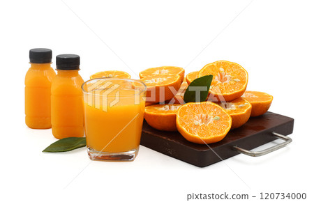 Group of fresh and juicy orange fruits , bottle and glass of orange juice on white background Group of fresh and juicy orange fruits , bottle and glass of orange juice on white background 120734000