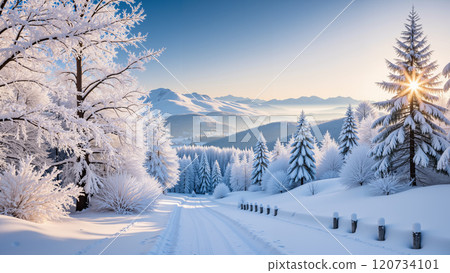 Winter background with pine trees, mountains and snowy ground. Winter background with pine trees, mountains and snowy ground. 120734101