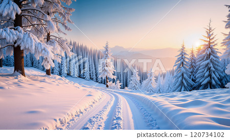 Winter background with pine trees, mountains and snowy ground. 120734102