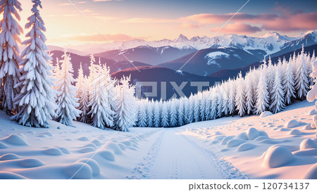 Winter background with pine trees, mountains and snowy ground. Winter background with pine trees, mountains and snowy ground. 120734137