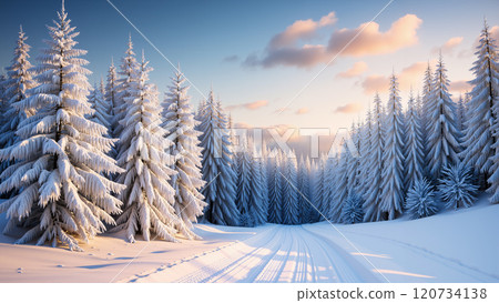 Winter background with pine trees, mountains and snowy ground. 120734138