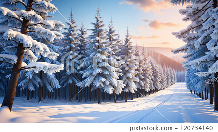 Winter background with pine trees, mountains and snowy ground. 120734140