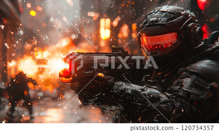 FPS game, battle scene in a ruined city 120734357