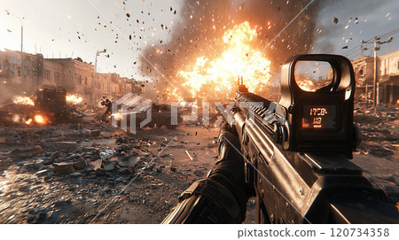 FPS game, battle scene in a ruined city 120734358