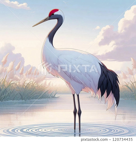 A red-crowned crane standing on the water A red-crowned crane standing on the water 120734435