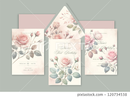 First birthday watercolor Invitation Template card with roses. 120734538