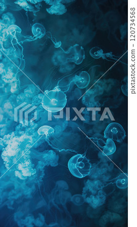 jellyfish swimming in the sea, abstract color background 120734568