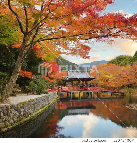 美麗的秋葉和藍天倒映在河裡 120734807