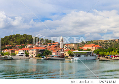 View of small town Skradin on the Krka River in Dalmatia, Croatia 120734848