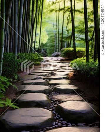 the AI Image Generator,, Bamboo Pathway in a Tranquil Green Forest Setting 120734944
