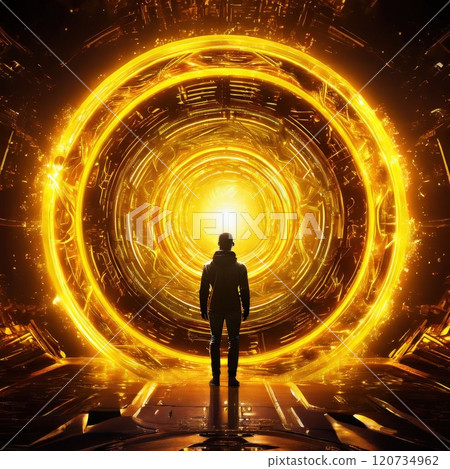 the AI Image Generator, Futuristic Figure Facing A Radiant Technological Portal 120734962