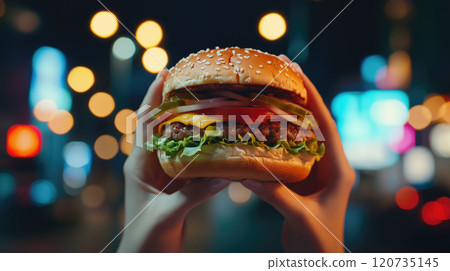 Close-up of hands holding hamburger on blurred background 120735145