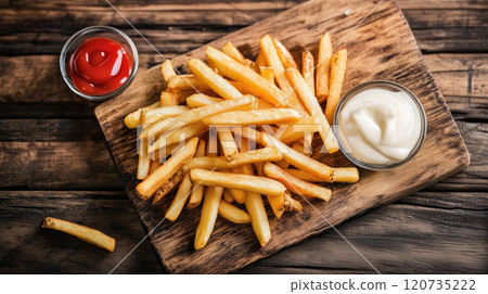 French fries potatoes on wooden board with ketchup and mayonnaise 120735222