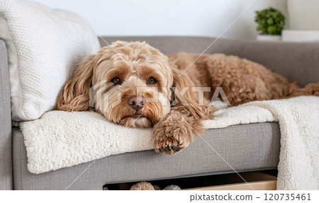 Fluffy dog resting on a couch 120735461