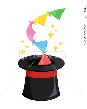 Illustration of a handkerchief popping out of a top hat by magic Illustration of a handkerchief popping out of a top hat by magic 120735612