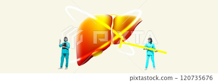 Contemporary art collage. 3D rendering of liver with glowing medical graphics, symbolizing innovative healthcare and organ diagnostics. 120735676