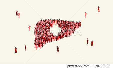 Contemporary art collage. Creative depiction of human figures forming shape of liver, symbolizing collective effort in medical care and health awareness. Contemporary art collage. Creative depiction of human figures forming shape of liver, symbolizing collective effort in medical care and health awareness. 120735679