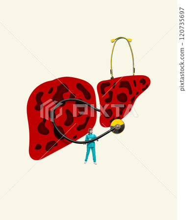 Contemporary art collage. Doctor depicted with stylized liver, showcasing importance of diagnostics, medical attention, and care in liver health. Contemporary art collage. Doctor depicted with stylized liver, showcasing importance of diagnostics, medical attention, and care in liver health. 120735697
