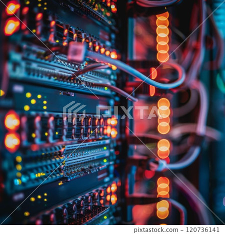 Close-up of Server Racks with Network Cables and Lights 120736141