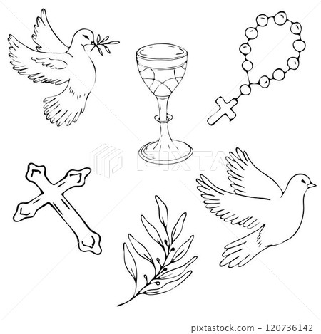 First communion set. Christian elements, catholic religion icons dove of peace, chalice, cross, rosary, olive branch. Hand drawn. Black and white vector illustration 120736142