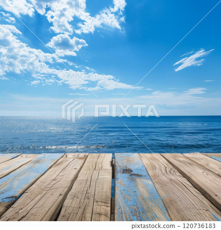 Wooden Planks Overlooking a Sparkling Blue Ocean Wooden Planks Overlooking a Sparkling Blue Ocean 120736183
