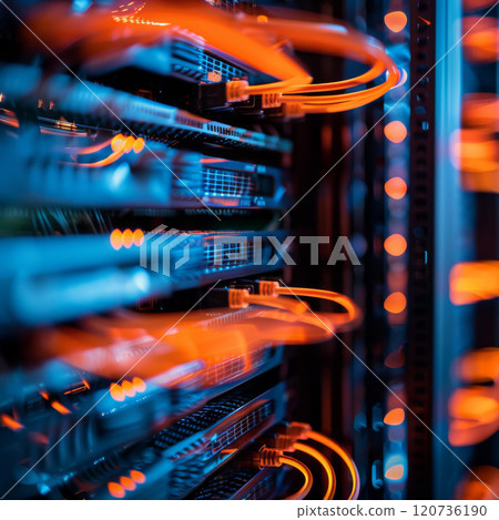 Server Rack with Orange Fiber Optic Cables 120736190