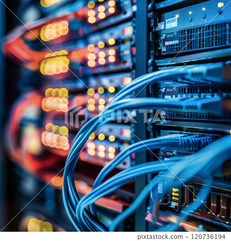 Server Rack with Blue and Orange Network Cables 120736194