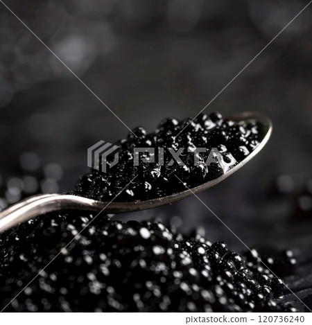 Black Caviar on a Spoon with a Pile of Caviar in the Foreground 120736240