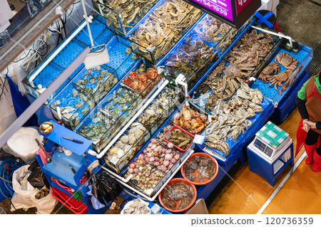 Seoul, South Korea - NOV. 30, 2024 : Locals and tourists at Noryangjin Fisheries Wholesale Market, an extensive farmers fish market in the neighborhood of Noryangjin-dong in Dongjak-gu, Seoul. 120736359