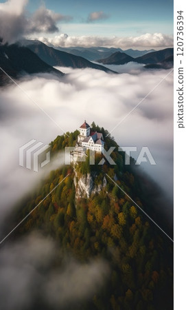 Beautiful Fairytale castle on mountain surrounded by cloud. Generative AI 120736394