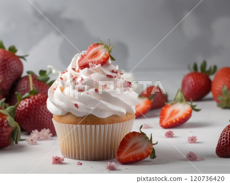 Homemade pink sweet cupcake with strawberries. Generative AI 120736420