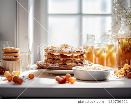 Delicious homemade Pancakes with maple syrup. Generative AI 120736421