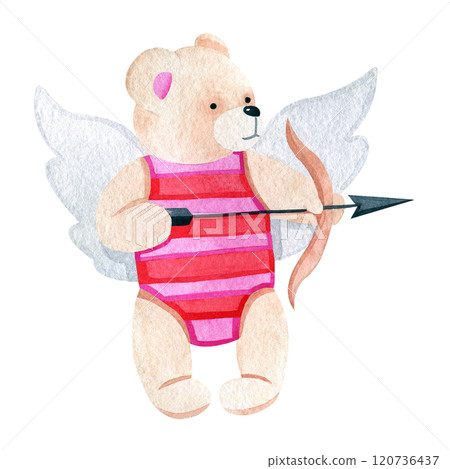 Valentine's day watercolor hand drawn illustration of cupid bear with wings and bow and arrow isolated on white background. Cute bear for greeting cards. Love, bear, arrow, wings Valentine's day watercolor hand drawn illustration of cupid bear with wings and bow and arrow isolated on white background. Cute bear for greeting cards. Love, bear, arrow, wings 120736437