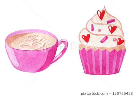 Valentine's day watercolor hand drawn illustration of cup of cappuccino and cupcake with hearts candies isolated on white background. Holiday cute illustration for greeting cards Valentine's day watercolor hand drawn illustration of cup of cappuccino and cupcake with hearts candies isolated on white background. Holiday cute illustration for greeting cards 120736438