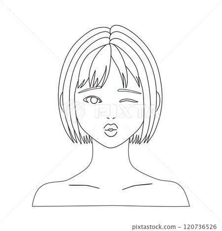 A monochrome illustration of a hanger mannequin of a woman with a bob cut who is winking and pouting 120736526