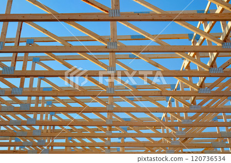 Wooden Roof Trusses Under Construction 120736534