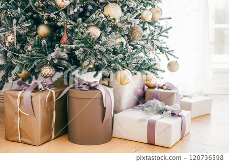 Decorated Christmas tree with frosted branches and wrapped presents, gift boxes it in living room Decorated Christmas tree with frosted branches and wrapped presents, gift boxes it in living room 120736598