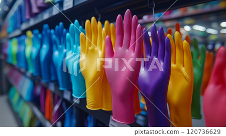 Colorful rubber gloves displayed in rows evoke a vibrant atmosphere in a cleaning supply aisle Colorful rubber gloves displayed in rows evoke a vibrant atmosphere in a cleaning supply aisle 120736629