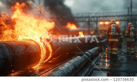 Emergency response to gas leak with fire at industrial site in rainy weather 120736630