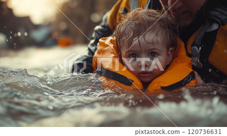 Rescuer saves child from rising floodwaters during emergency response in a flooded area Rescuer saves child from rising floodwaters during emergency response in a flooded area 120736631