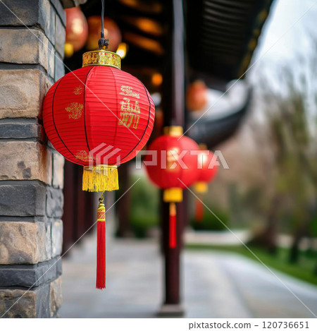 Red lanterns adorn traditional building, celebrating Lunar New Year Red lanterns adorn traditional building, celebrating Lunar New Year 120736651