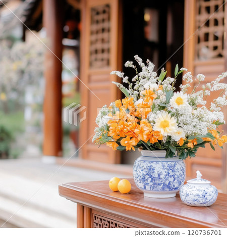 beautiful floral arrangement with orange and white flowers, symbolizing joy and prosperity 120736701