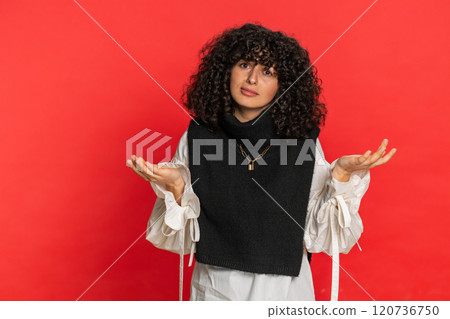 Caucasian woman with curly hair pointing fingers herself feels innocent not her fault fail mistake Caucasian woman with curly hair pointing fingers herself feels innocent not her fault fail mistake 120736750