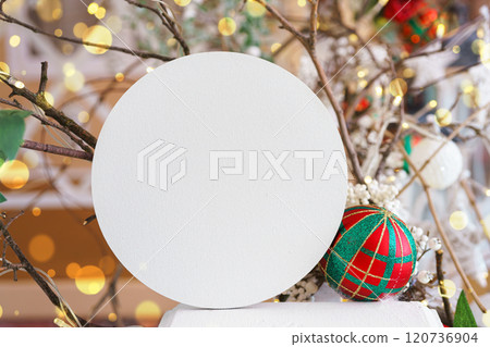 Festive Christmas decorations with empty white circle, mockup, template with copy space for text Festive Christmas decorations with empty white circle, mockup, template with copy space for text 120736904