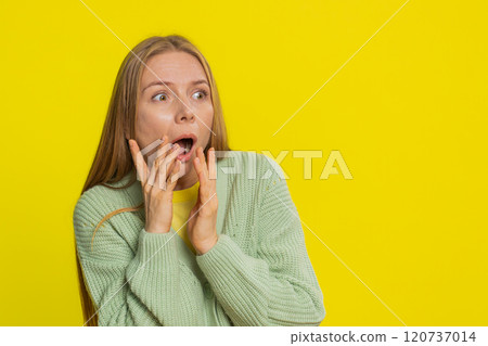 Scared fearful depressed woman suffering phobia, anxiety disorder, expresses fear, stress panic Scared fearful depressed woman suffering phobia, anxiety disorder, expresses fear, stress panic 120737014