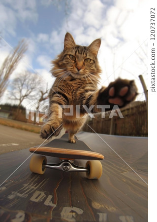 An Adventurous Cat Joyfully Skateboarding along a Beautiful and Scenic Coastal Road in the Great Outdoors 120737072