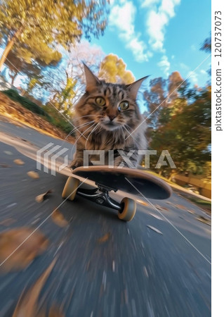 An Adventurous Cat Joyfully Skateboarding along a Beautiful and Scenic Coastal Road in the Great Outdoors 120737073